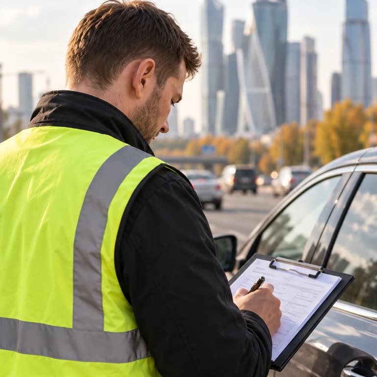 Комиссар работает с документами рядом с автомобилем